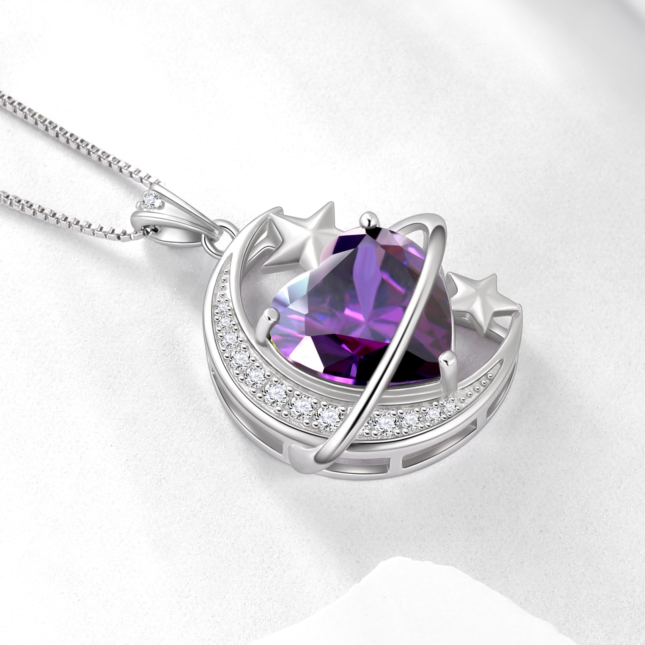 13MM Women Moon and Star Necklace Heart February Birthstone 925 Sterling Silver Pendant Purple Amethyst Celestial Jewelry Birthday Valentine's Day Gift for Wife/Mother/Her - Aurora Tears