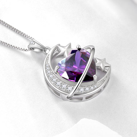 13MM Women Moon and Star Necklace Heart February Birthstone 925 Sterling Silver Pendant Purple Amethyst Celestial Jewelry Birthday Valentine's Day Gift for Wife/Mother/Her - Aurora Tears