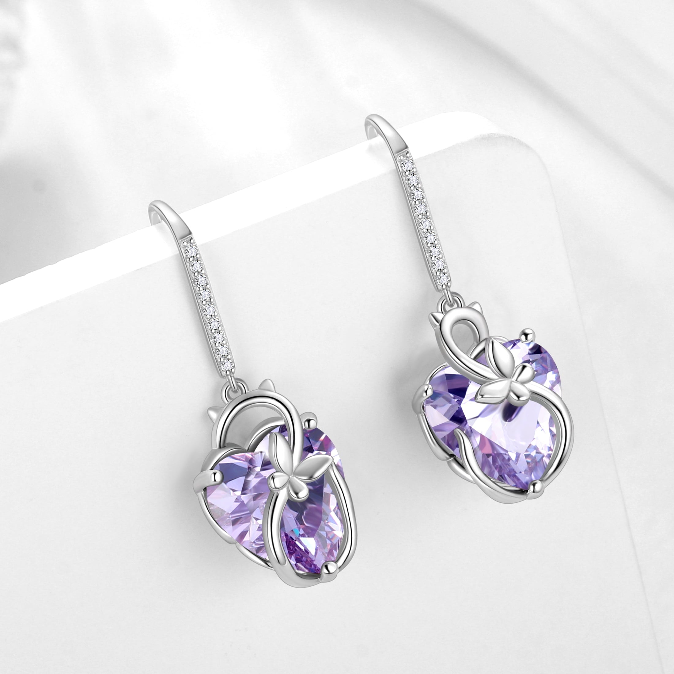 Cat Butterfly Earrings for Women 925 Sterling Silver Earrings Dangle Drop Hook Heart Alexandrite June Birthstone Jewelry Birthday Mother Christmas Birthday Valentines Day Gifts for Mom - Aurora Tears