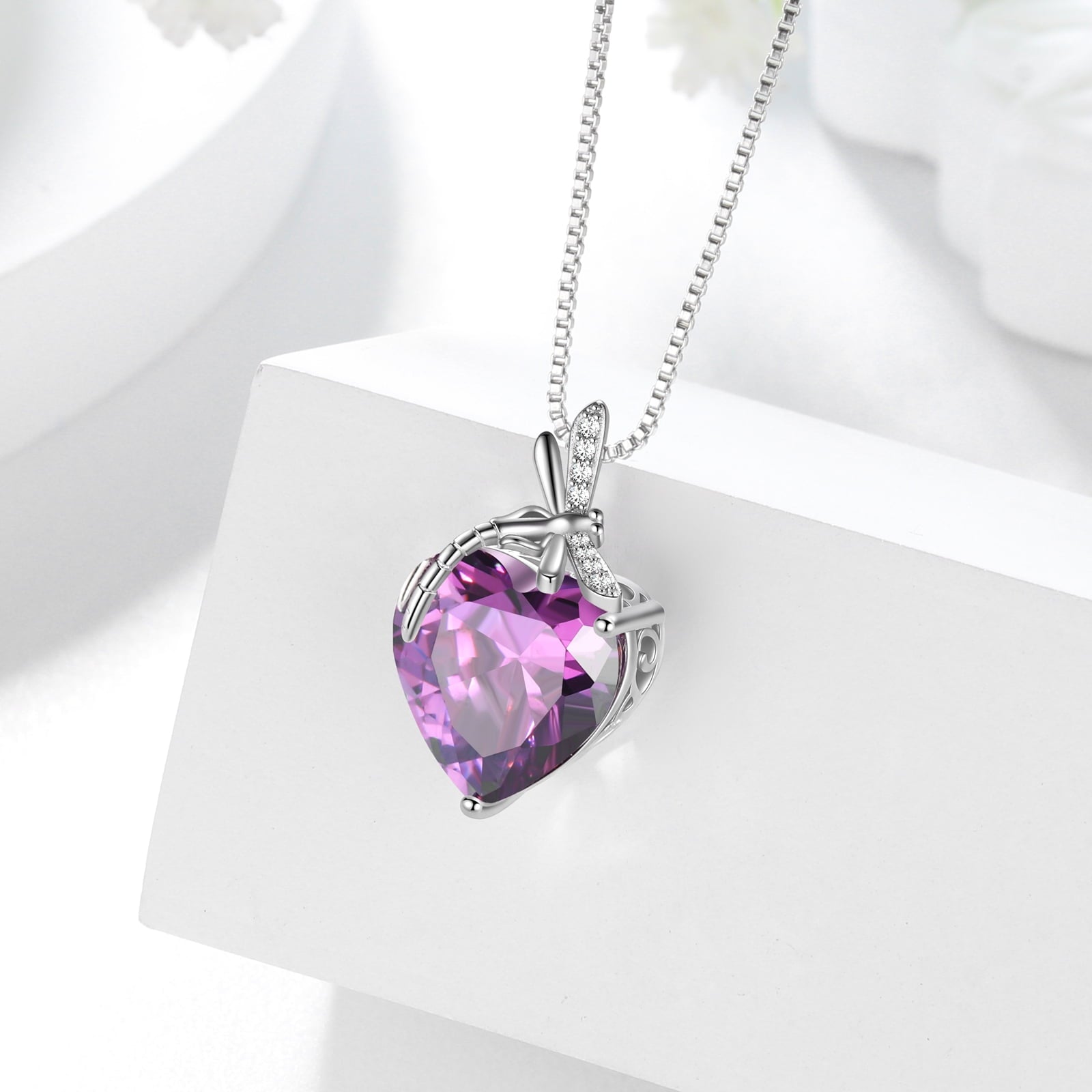 Dragonfly Necklace Heart February Birthstone Necklace Amethyst Purple Jewelry Sterling Silver Pendant Women Birthday Christmas Mother's Day Gifts - Aurora Tears