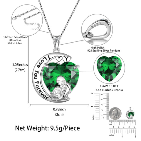 Moon Heart Mother Daughter Necklace 925 Sterling Silver Green Emerald May Birthstone Pendant Jewelry Women Mom Christmas Birthday Mother's Day Gift - Aurora Tears
