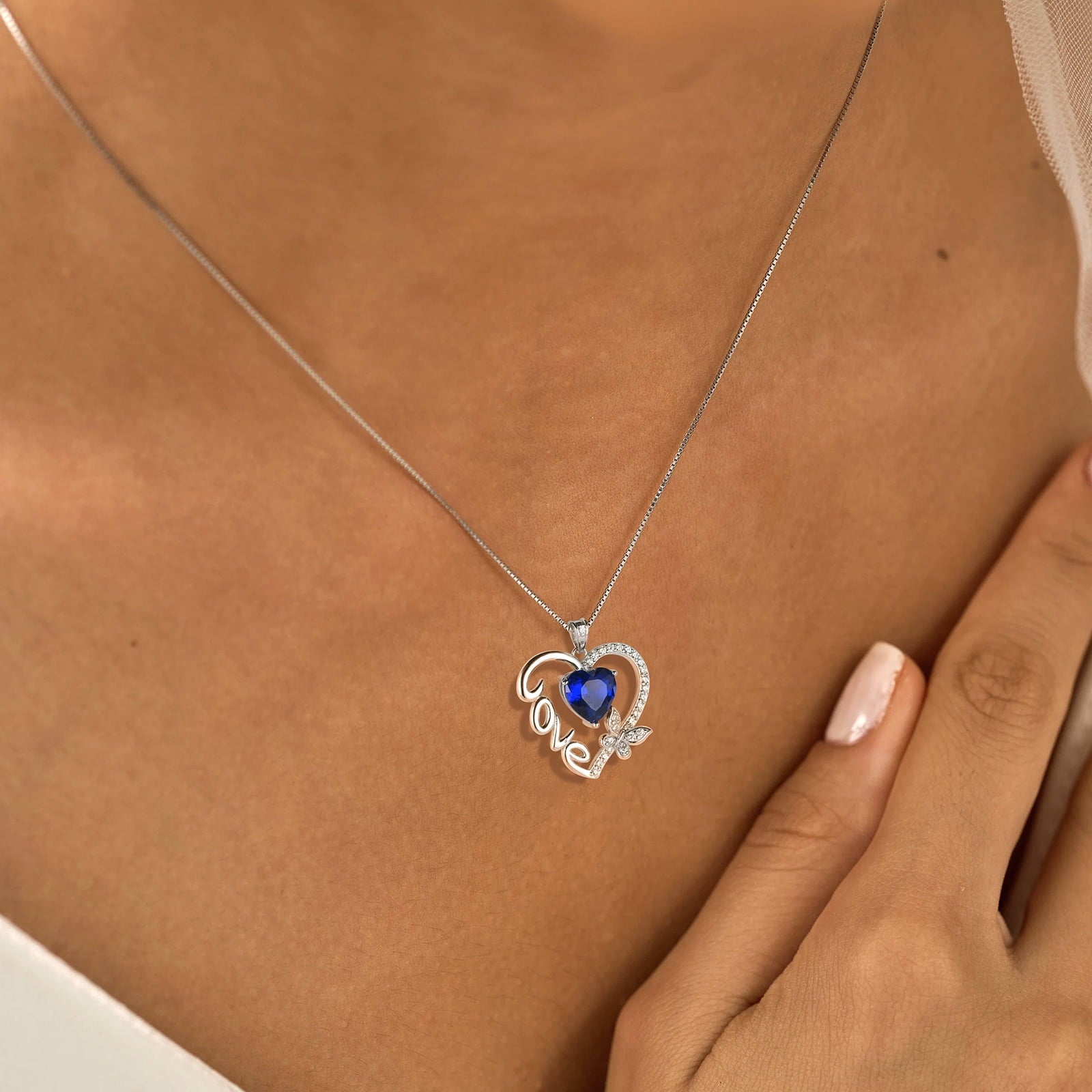 Women Blue Love Heart Necklace Butterfly September Birthstone Necklace Sapphire 925 Sterling Silver Pendant Jewelry Christmas Birthday Mother's Day Gift - Aurora Tears