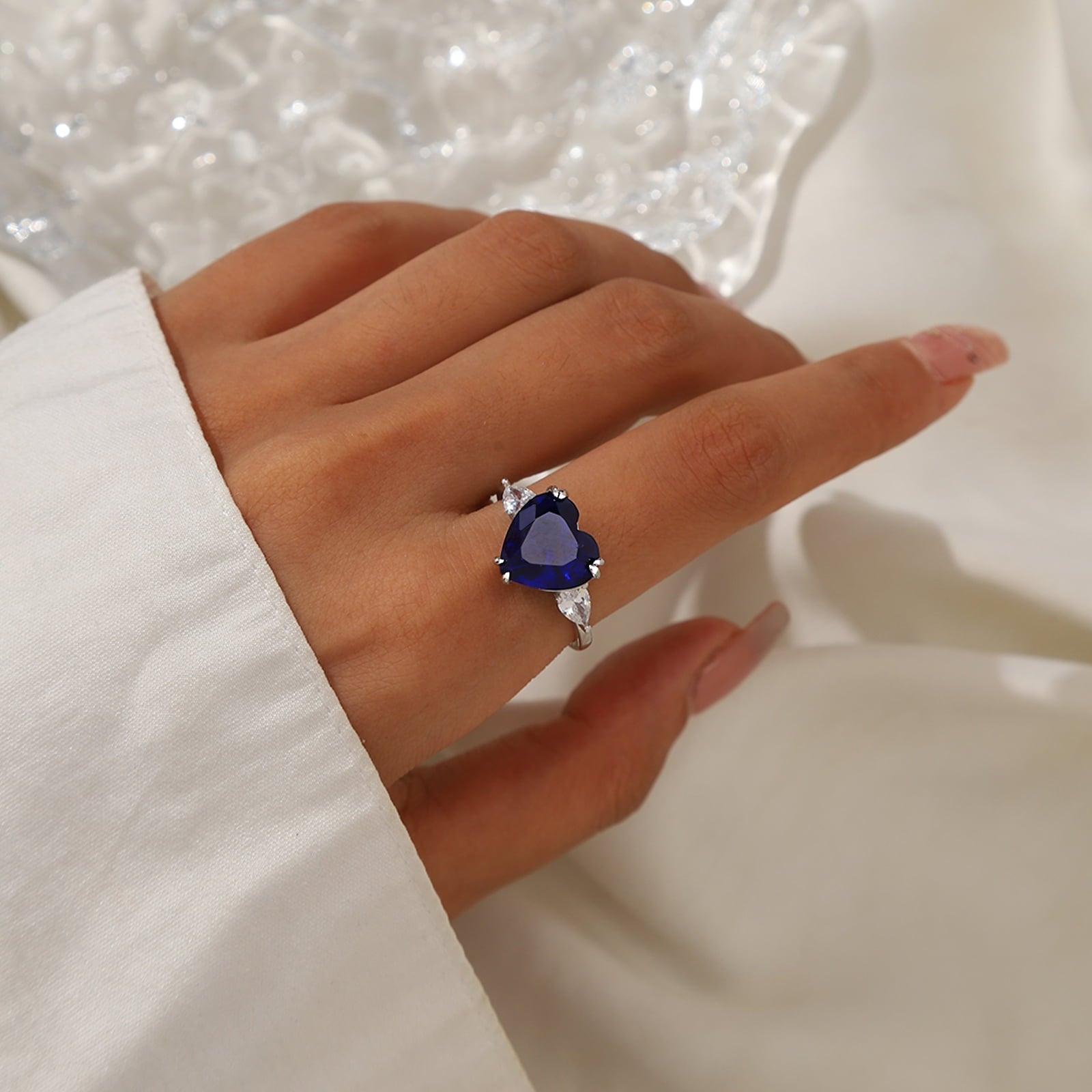 6Ct Women Heart Blue Sapphire Ring 925 Sterling Silver September Birthstone Band Jewelry Birthday Christmas Mother's Day Gift - Aurora Tears