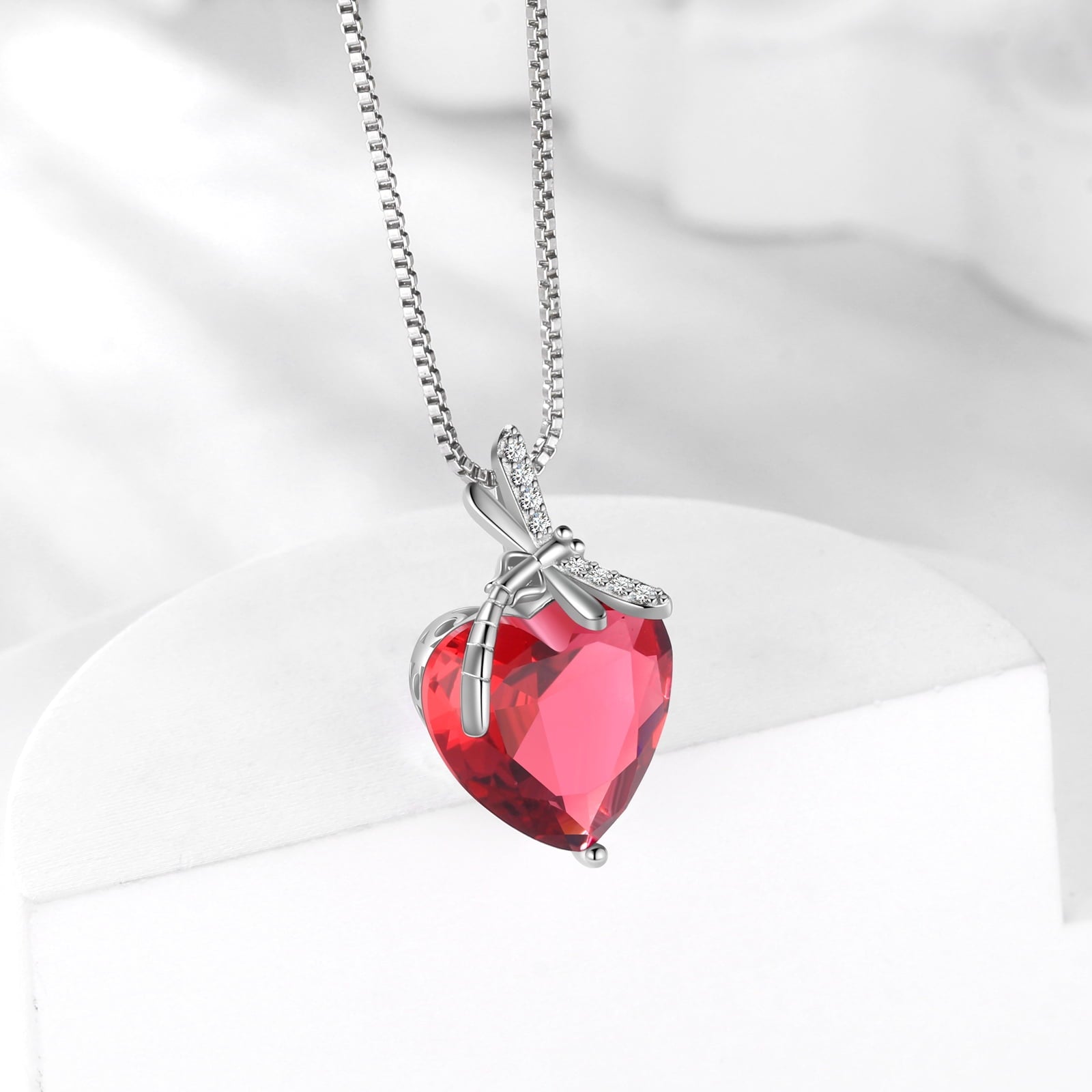 Dragonfly Necklace Heart July Birthstone Necklace Ruby Red 925 Sterling Silver Pendant Jewelry Women Wedding Birthday Christmas Mother's Day Gifts - Aurora Tears