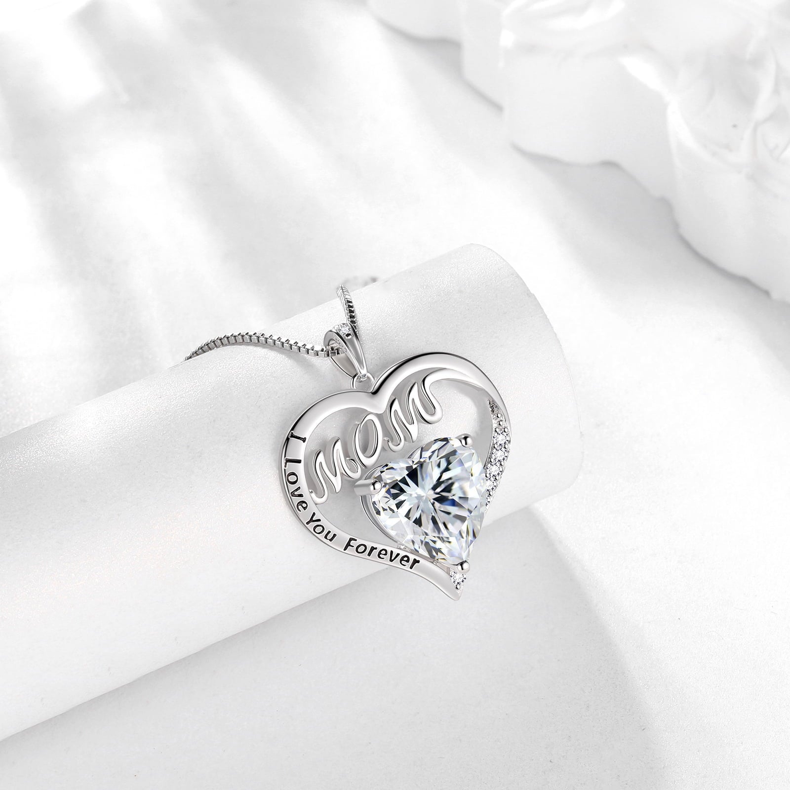 Women Mom Necklace Heart April Birthstone Necklace Diamond White CZ 925 Sterling Silver Pendant Jewelry Christmas Birthday Mother's Day Gifts - Aurora Tears