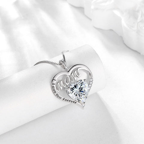 Women Mom Necklace Heart April Birthstone Necklace Diamond White CZ 925 Sterling Silver Pendant Jewelry Christmas Birthday Mother's Day Gifts - Aurora Tears