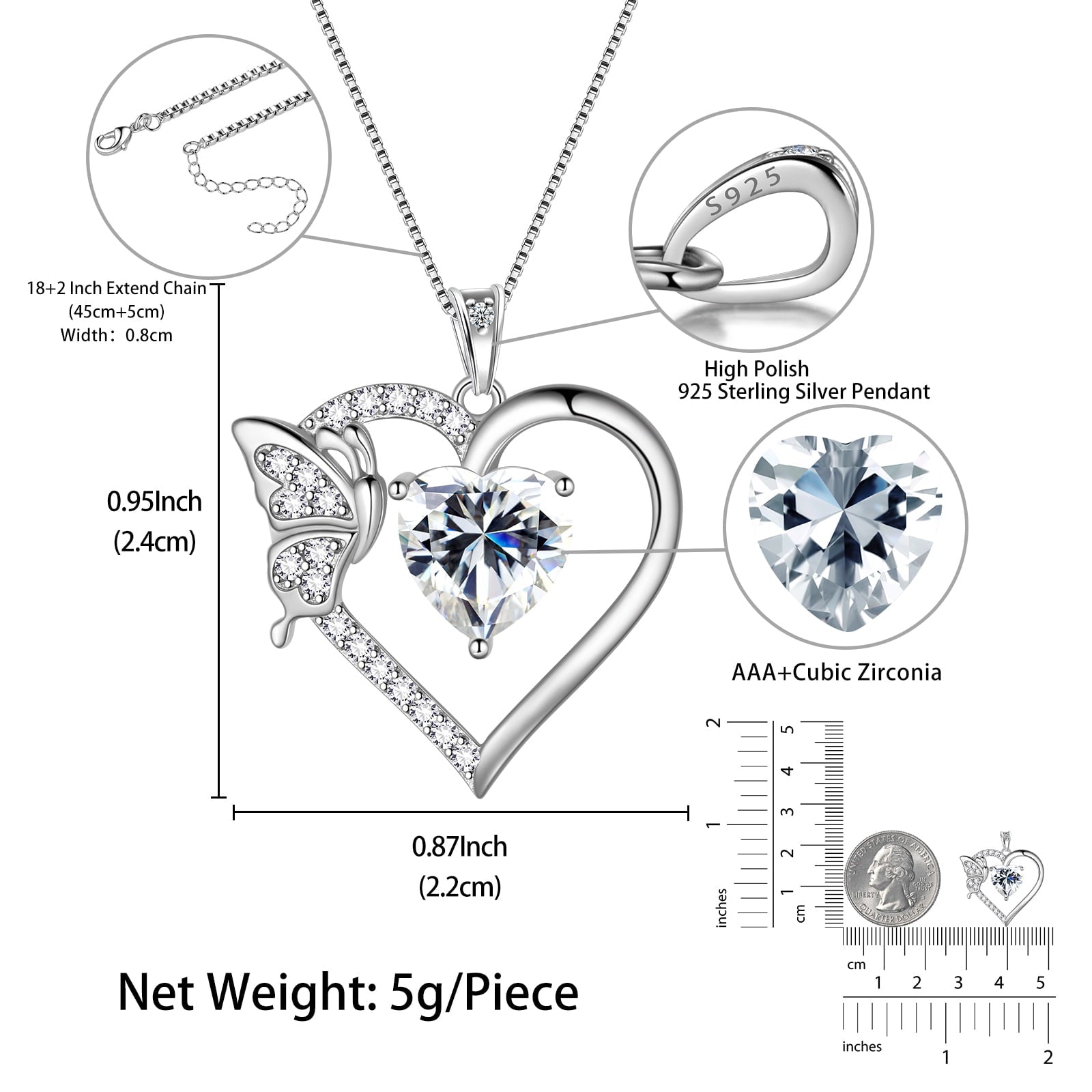 Women White Heart Necklace Butterfly April Birthstone Necklace Diamond Crystal 925 Sterling Silver Pendant Jewelry Birthday Valentine's Day Gift - Aurora Tears