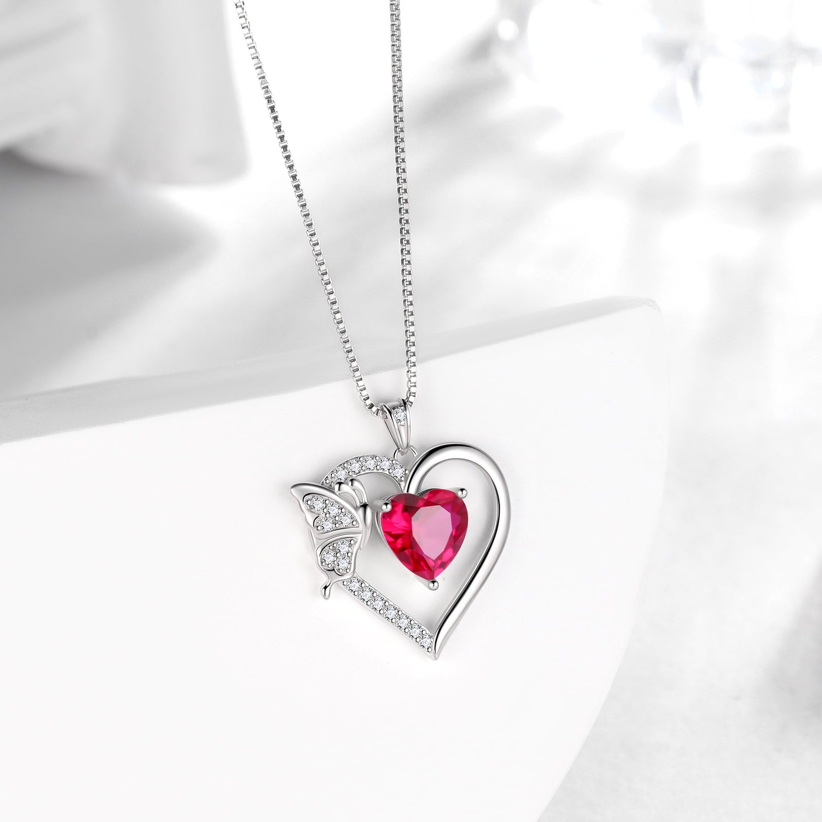 Women Red Heart Necklace Butterfly July Birthstone Necklace Ruby Crystal 925 Sterling Silver Pendant Jewelry Wedding Birthday Mother's Day Gifts - Aurora Tears