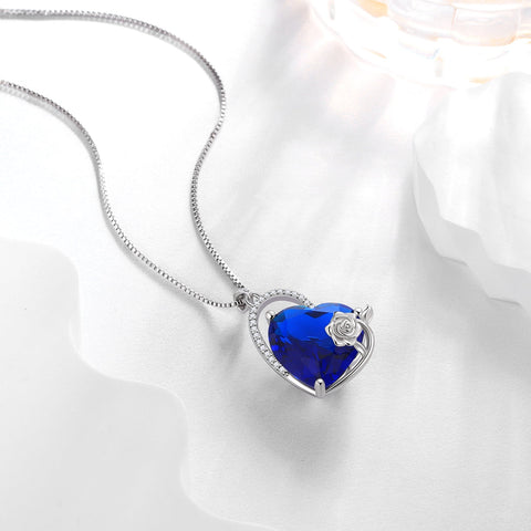 925 Sterling Silver 15MM Heart Necklace Women September Birthstone Sapphire Blue Jewelry Rose Flower Pendant Mom Christmas Valentine's Day Gift for Her - Aurora Tears