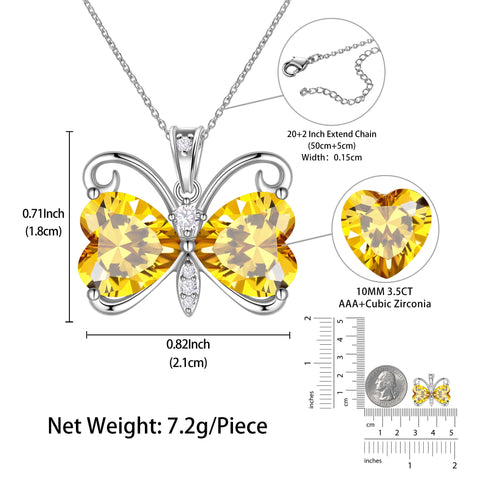 Women Yellow Butterfly Necklace Heart November Birthstone Necklace Citrine Silver Plated Pendant Jewelry Mother Wife Christmas Birthday Gift - Aurora Tears