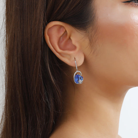 925 Sterling Silver Earrings Women Heart December Birthstone Hook Dangle Earring Tanzanite Blue Rose Flower Jewelry Mother Wife Christmas Birthday Gift - Aurora Tears