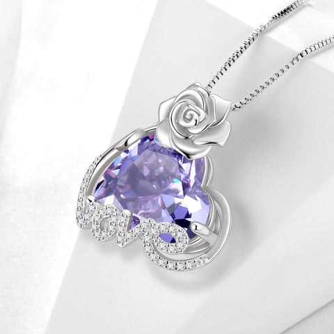15MM Rose Heart Women Necklace June Birthstone 925 Sterling Silver Flower Love Pendant Purple Alexandrite Jewelry Mom Christmas Valentines Birthday Gift - Aurora Tears