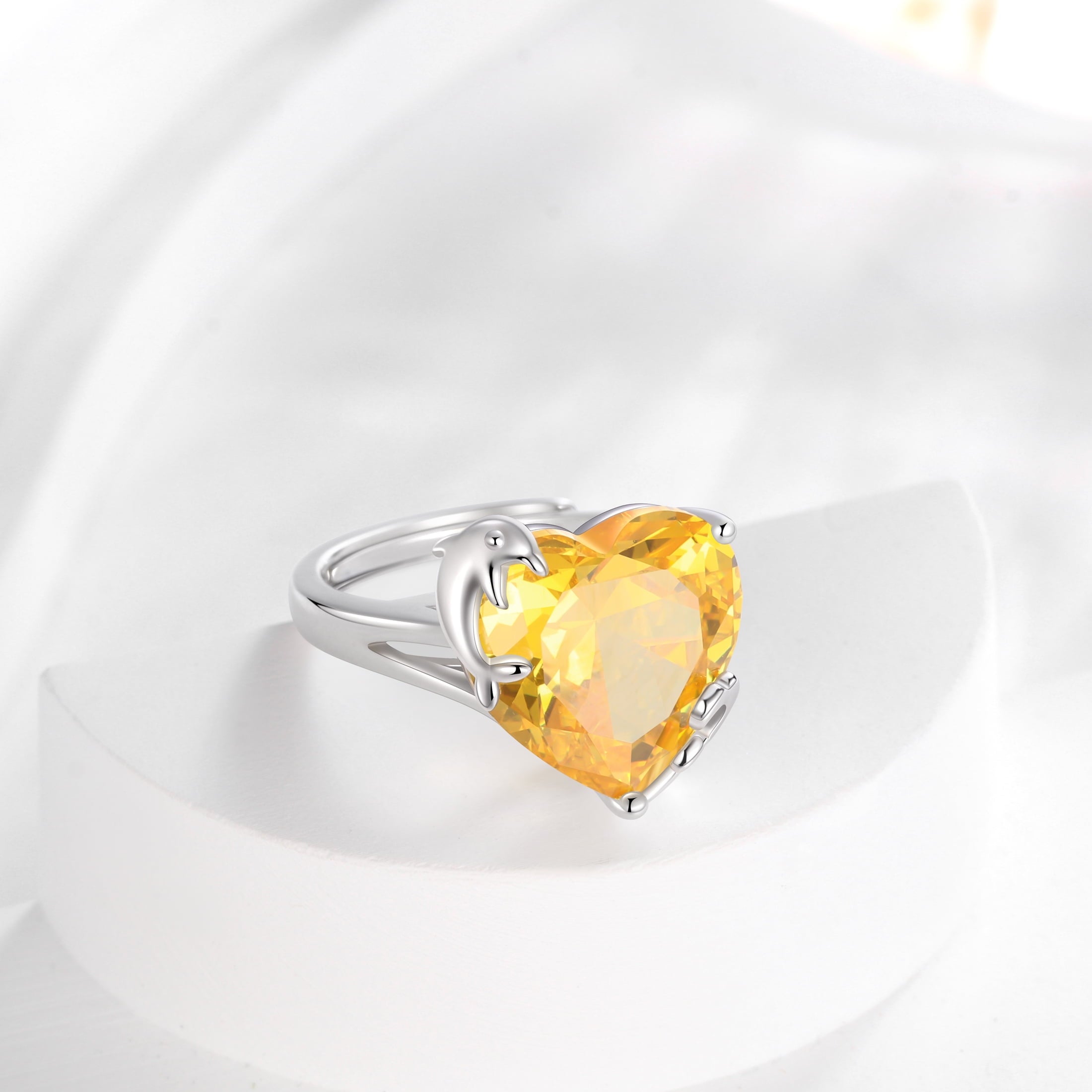 9Ct Women Heart Ring 925 Sterling Silver Dolphin November Birthstone Citrine Solitaire Ring Jewelry Christmas Thanksgiving Gift for Mother - Aurora Tears