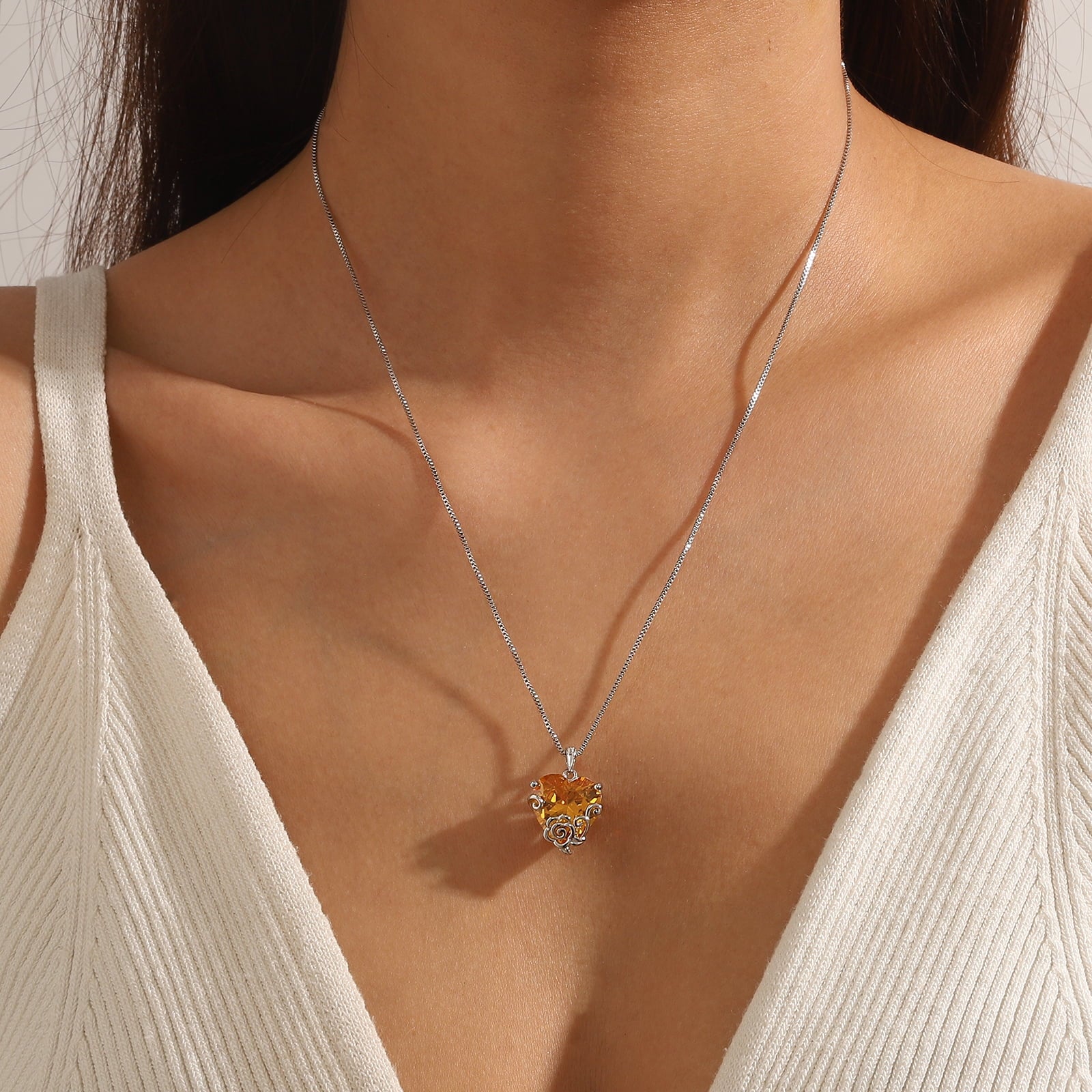 Women Heart Necklace November Birthstone Citrine Jewelry Yellow 925 Sterling Silver Rose Flower Pendant Christmas Birthday Gifts for Mother - Aurora Tears