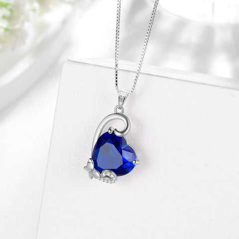 September Birthstone Heart Necklace Butterfly Pendant Blue Sapphire Jewelry 925 Sterling Silver Necklace Christmas Birthday Mother's Day Gift for Women - Aurora Tears