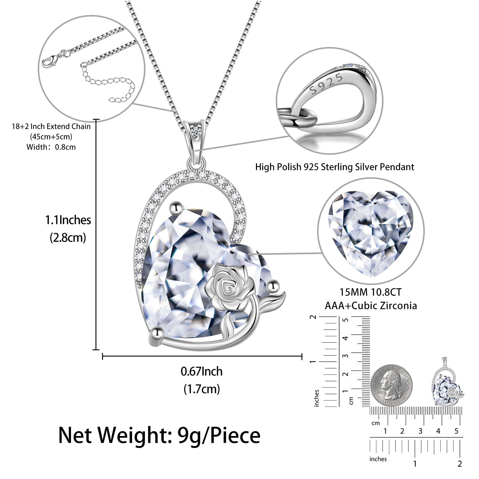 925 Sterling Silver 15MM Heart Necklace Women April Birthstone Diamond CZ Bridal Jewelry Rose Flower Pendant Mother Birthday Valentine's Day Gift - Aurora Tears