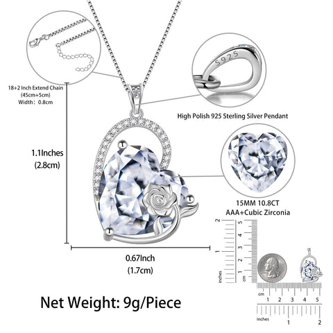 925 Sterling Silver 15MM Heart Necklace Women April Birthstone Diamond CZ Bridal Jewelry Rose Flower Pendant Mother Birthday Valentine's Day Gift - Aurora Tears
