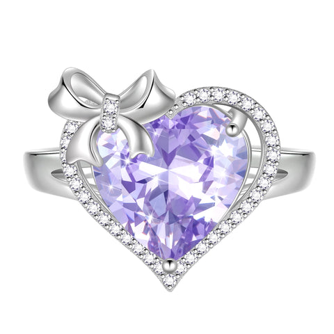 Juwaliy 6Ct Heart Women Ring Bow Kont Ribbon 925 Sterling Silver Birthstone Ring Solitaire Jewelry Mother Wife Birthday Valentine's Day Gift