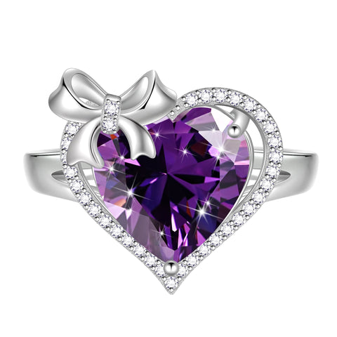 Juwaliy 6Ct Heart Women Ring Bow Kont Ribbon 925 Sterling Silver Birthstone Ring Solitaire Jewelry Mother Wife Birthday Valentine's Day Gift