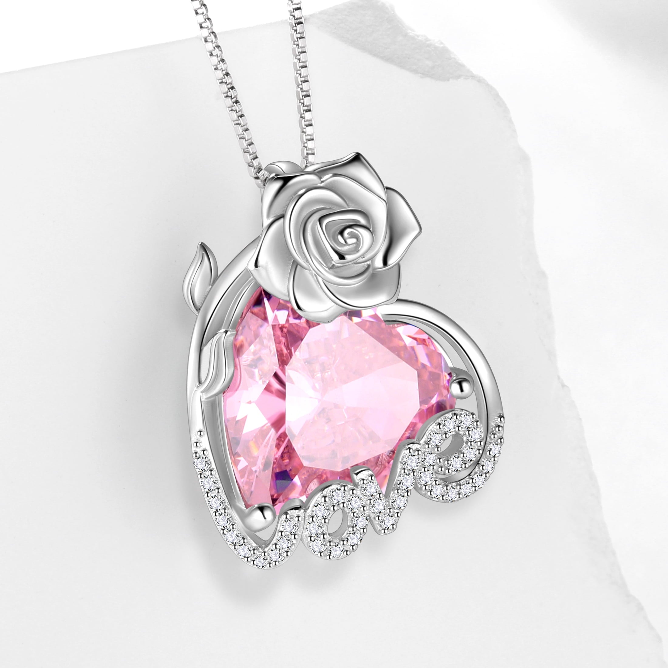 15MM Rose Heart Women Necklace October Birthstone 925 Sterling Silver Love Flower Pendant Pink Tourmaline Jewelry Mother Valentine's Day Gifts for Wife - Aurora Tears