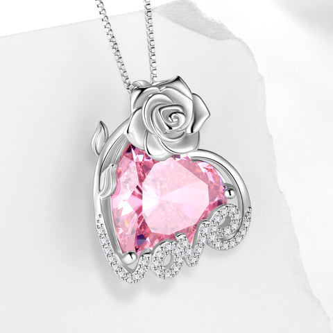 15MM Rose Heart Women Necklace October Birthstone 925 Sterling Silver Love Flower Pendant Pink Tourmaline Jewelry Mother Valentine's Day Gifts for Wife - Aurora Tears