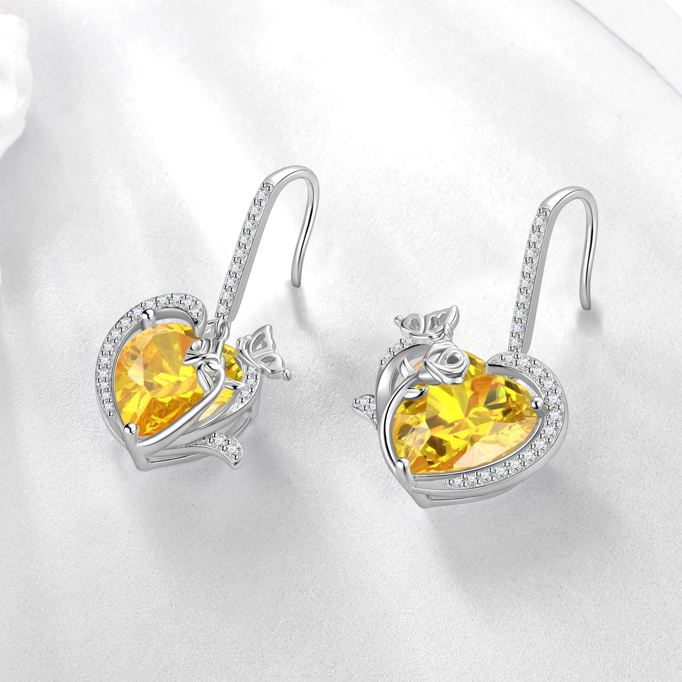 Women November Birthstone Drop Earrings Heart Citrine Yellow Butterfly Rose Jewelry 925 Sterling Silver Hook Mom Christmas Birthday Gift - Aurora Tears