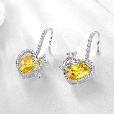 Women November Birthstone Drop Earrings Heart Citrine Yellow Butterfly Rose Jewelry 925 Sterling Silver Hook Mom Christmas Birthday Gift - Aurora Tears