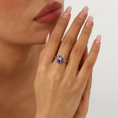 Women Heart Ring 925 Sterling Silver Cat Butterfly February Birthstone Amethyst Purple Solitaire Ring Jewelry Girlfriend Cat Lover Valentine's Day Gift - Aurora Tears