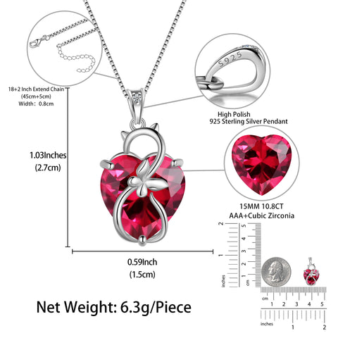 15MM Women Cat Necklace Heart July Birthstone 925 Sterling Silver Pendant Red Ruby Butterfly Jewelry Mother Birthday Valentine's Day Gift - Aurora Tears