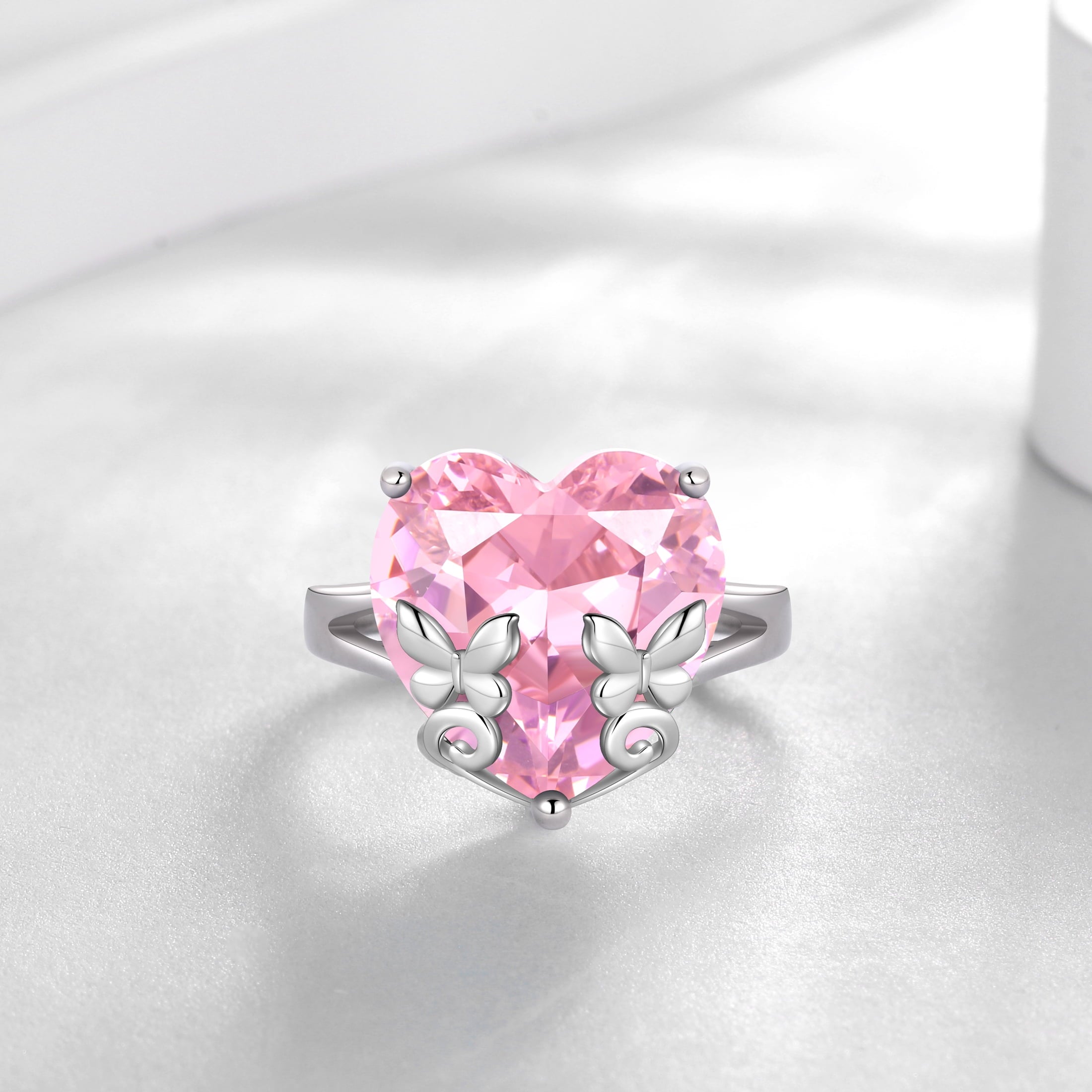 9Ct Women Heart Ring 925 Sterling Silver Butterfly October Birthstone Tourmaline Pink Solitaire Ring Jewelry Mother Birthday Valentine's Day Gifts - Aurora Tears