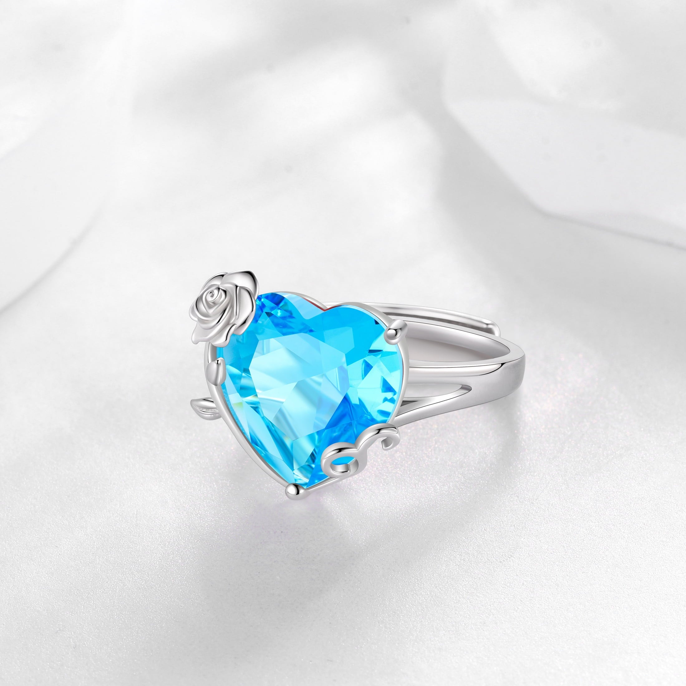 9Ct Women Heart Ring 925 Sterling Silver Rose Flower March Birthstone Aquamarine Blue Solitaire Ring Jewelry Birthday Gift for Mother - Aurora Tears