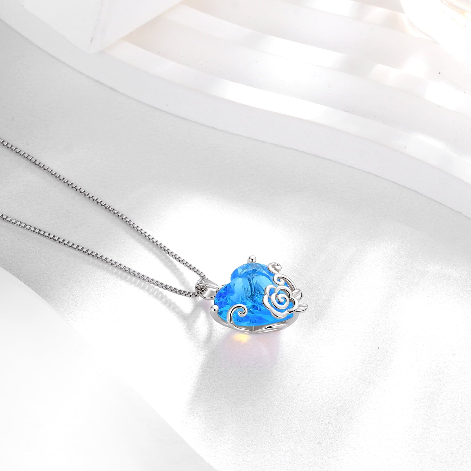Women Heart Necklace March Birthstone Aquamarine Jewelry 925 Sterling Silver Blue Topaz Flower Pendant Mother Birthday Valentines Gift for Her - Aurora Tears