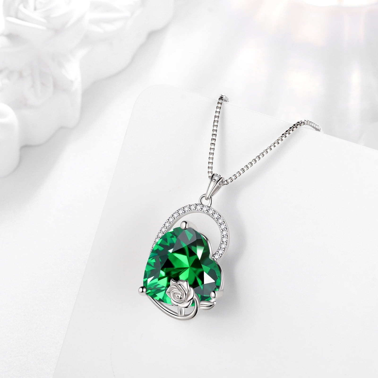925 Sterling Silver 15MM Heart Necklace Women May Birthstone Emerald Jewelry Green Rose Flower Pendant Birthday Christmas Mother's Day Gift - Aurora Tears