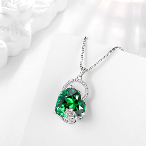 925 Sterling Silver 15MM Heart Necklace Women May Birthstone Emerald Jewelry Green Rose Flower Pendant Birthday Christmas Mother's Day Gift - Aurora Tears