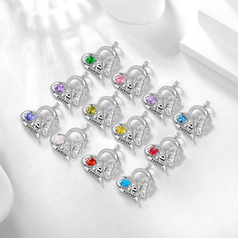 Herzförmige Geburtsstein-Schmetterlingskette aus 925er Sterlingsilber mit Feuerwerksschliff-Zirkonia-Anhänger – Schmuckstück, Weihnachts-, Valentinstags- oder Geburtstagsgeschenk für Mutter und Tochter