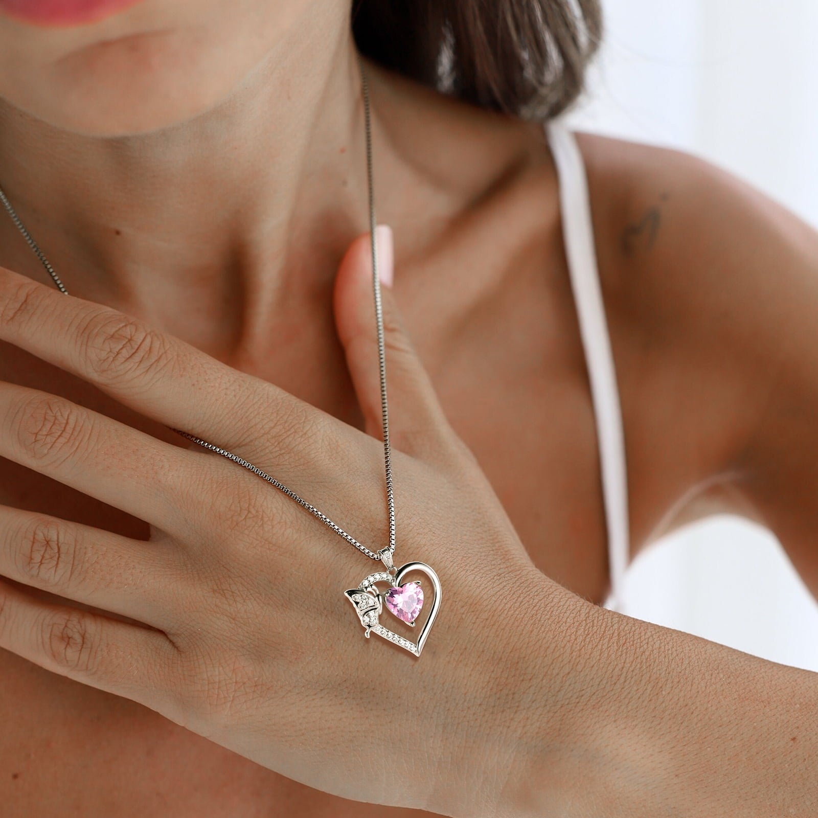 Women Pink Heart Necklace Butterfly October Birthstone Necklace Tourmaline CZ 925 Sterling Silver Pendant Jewelry Birthday Valentine's Day Gift - Aurora Tears