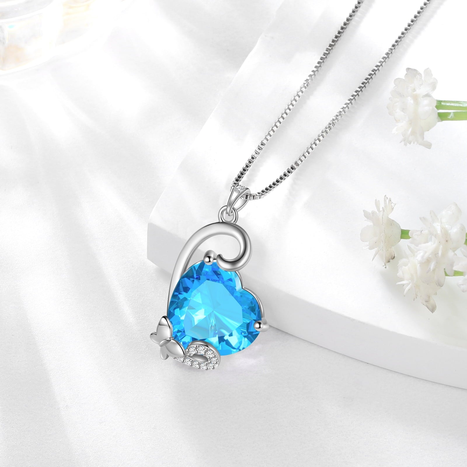 March Birthstone Necklace Butterfly Heart Pendant Blue Aquamarine Jewelry 925 Sterling Silver Women Mother Birthday Valentine's Day Gift - Aurora Tears