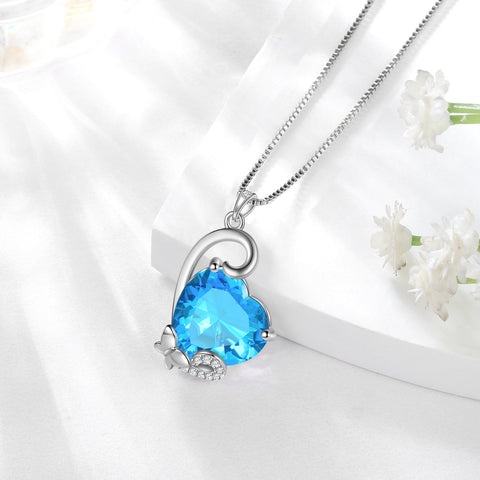 March Birthstone Necklace Butterfly Heart Pendant Blue Aquamarine Jewelry 925 Sterling Silver Women Mother Birthday Valentine's Day Gift - Aurora Tears