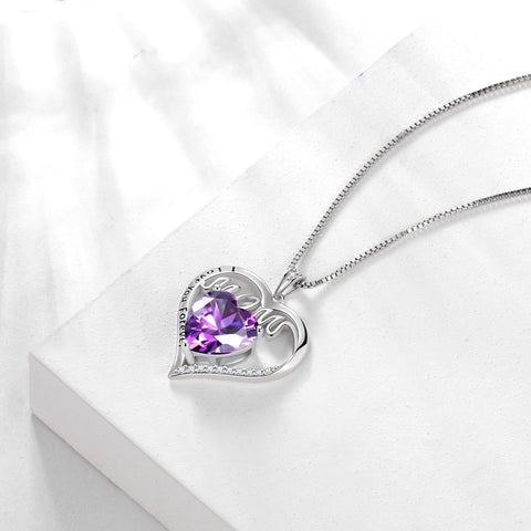 Women Mom Necklace Heart February Birthstone Necklace Amethyst Purple Sterling Silver Pendant Jewelry Christmas Birthday Mother's Day Gift from Daughter - Aurora Tears