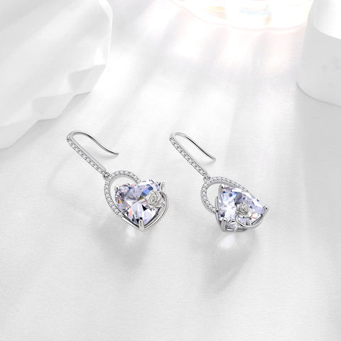 925 Sterling Silver Earrings Women Heart April Birthstone Hook Dangle Earrings Diamond Rose Flower Wedding Bridal Jewelry Mom Valentine's Day Gift - Aurora Tears