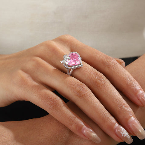 6Ct Heart Women Ring Bow Kont Ribbon 925 Sterling Silver October Birthstone Tourmaline Ring Pink Jewelry Valentine's Day Gift for Girlfriend Wife Mother - Aurora Tears