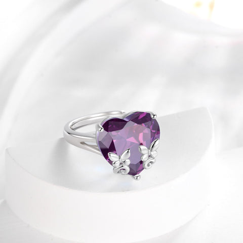 9Ct Women Heart Ring 925 Sterling Silver Butterfly February Birthstone Amethyst Purple Solitaire Ring Jewelry Girlfriend Valentine's Day Gift - Aurora Tears