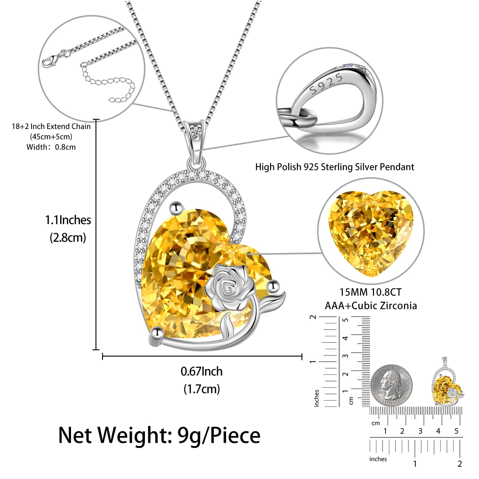 925 Sterling Silver 15MM Heart Necklace Women November Birthstone Citrine Jewelry Yellow Rose Flower Pendant Christmas Valentines Birthday Gift for Her - Aurora Tears