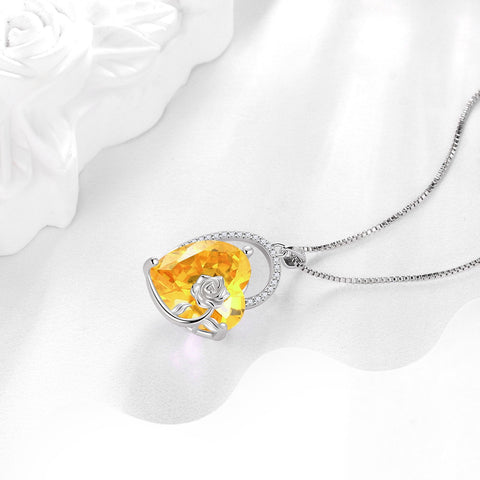 925 Sterling Silver 15MM Heart Necklace Women November Birthstone Citrine Jewelry Yellow Rose Flower Pendant Christmas Valentines Birthday Gift for Her - Aurora Tears