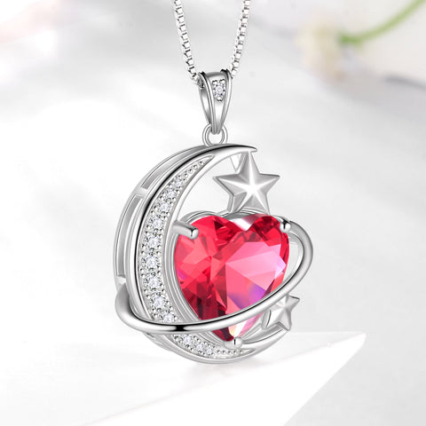 13MM Women Moon and Star Necklace Heart July Birthstone 925 Sterling Silver Pendant Red Ruby Celestial Jewelry Christmas Birthday Valentine's Day Gift for Her/Wife/Mother - Aurora Tears
