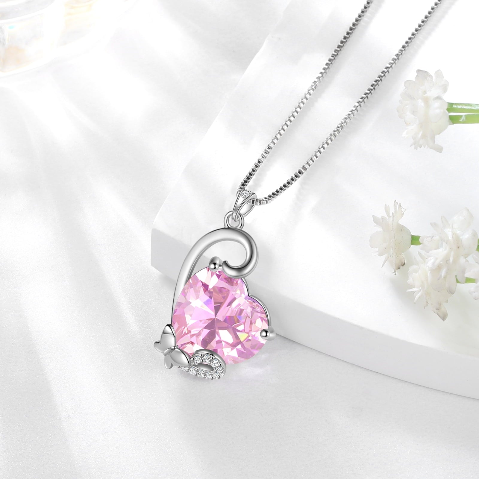 October Birthstone Heart Necklace Butterfly Pendant Pink Tourmaline Jewelry 925 Sterling Silver Mom Women Birthday Christmas Valentine's Day Gift - Aurora Tears