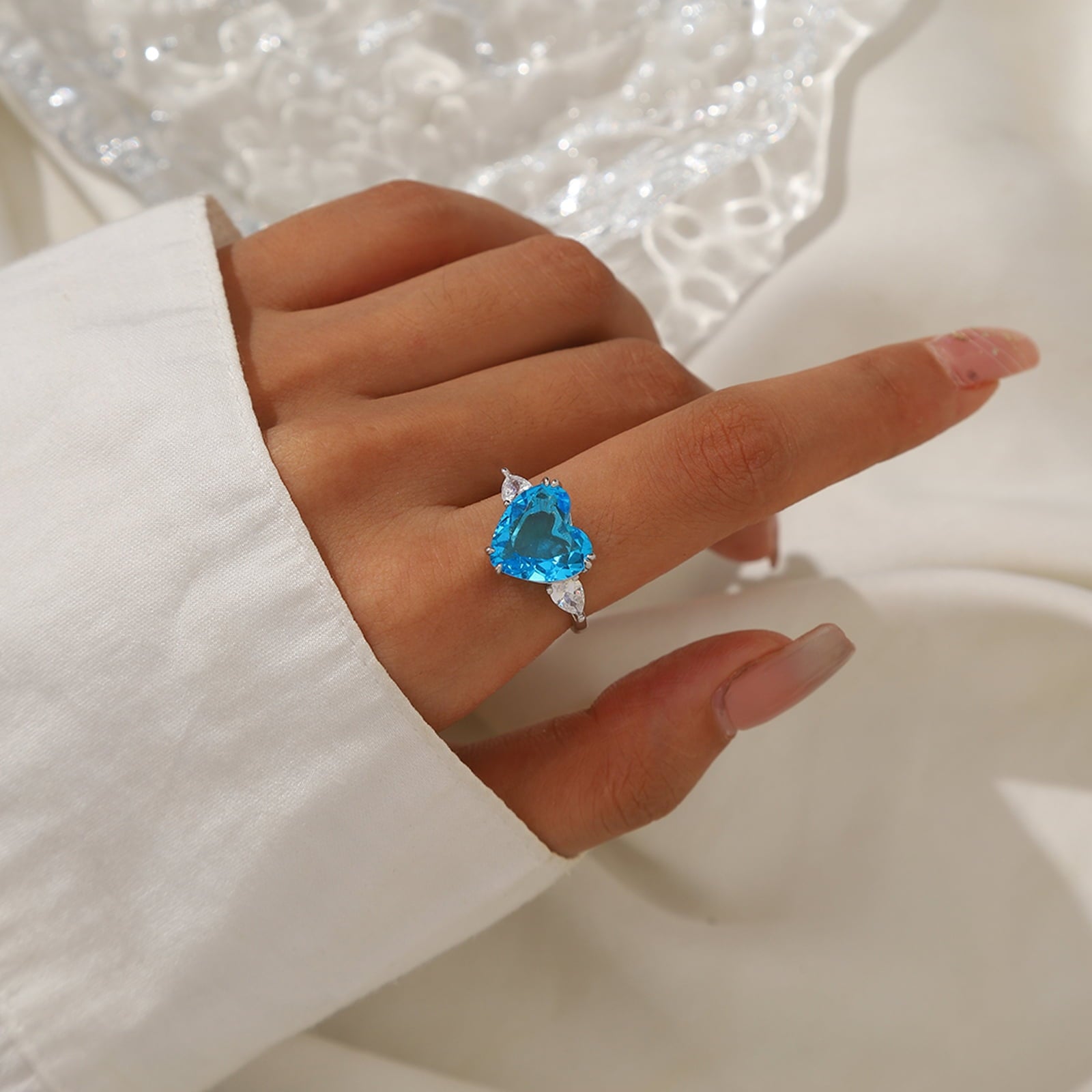 6Ct Women Heart Ring 925 Sterling Silver March Birthstone Ring Aquamarine Blue Band Jewelry Mother Birthday Wedding Valentine's Day - Aurora Tears