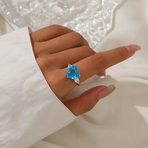 6Ct Women Heart Ring 925 Sterling Silver March Birthstone Ring Aquamarine Blue Band Jewelry Mother Birthday Wedding Valentine's Day - Aurora Tears