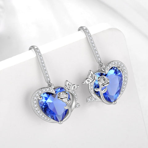 Women December Birthstone Drop Earrings Heart Tanzanite Blue Butterfly Rose Jewelry 925 Sterling Silver Hook Birthday Christmas Mother's Day Gift - Aurora Tears