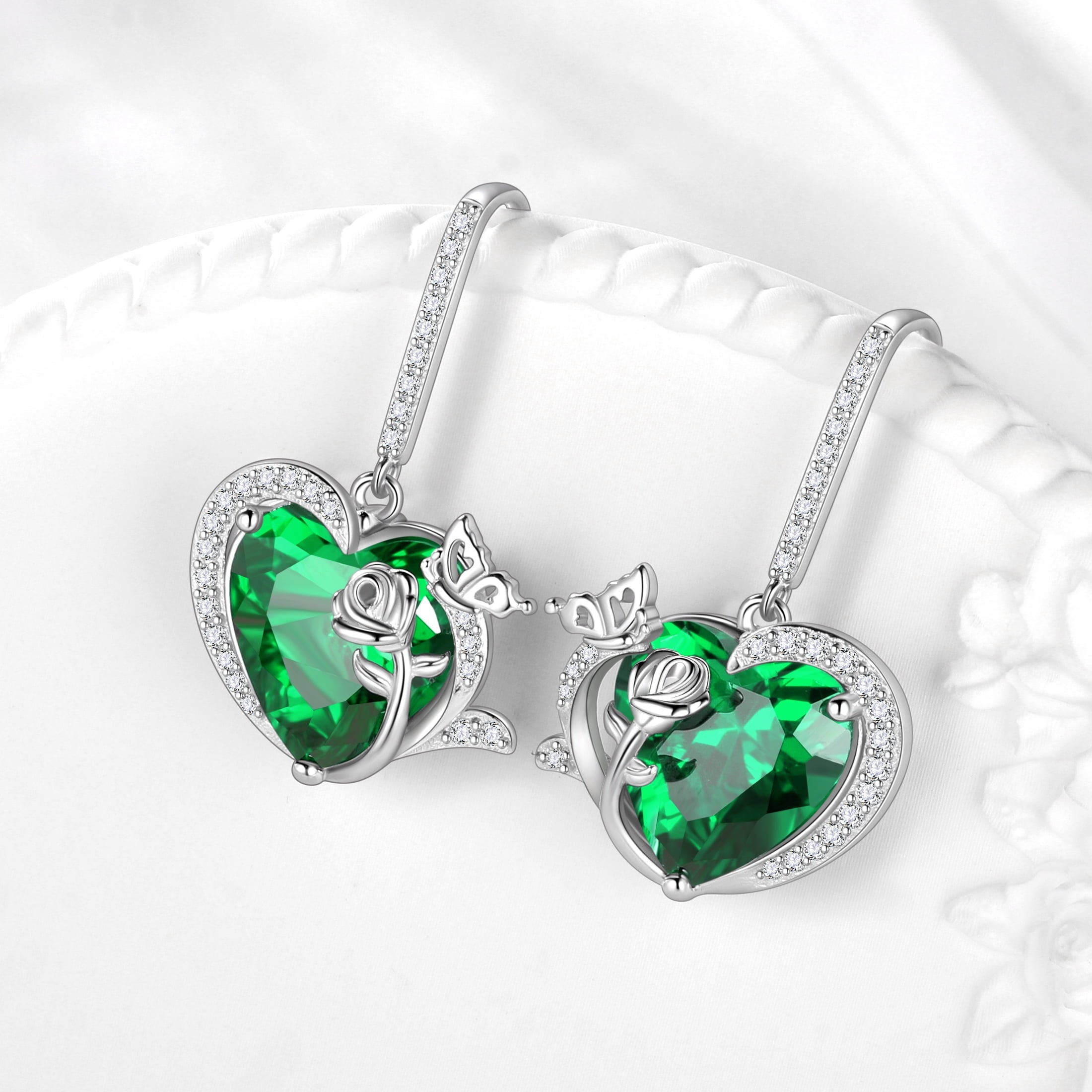 Women May Birthstone Drop Earrings Heart Emerald Green Butterfly Rose Jewelry 925 Sterling Silver Hook Earring Birthday Mother's Day Gift - Aurora Tears